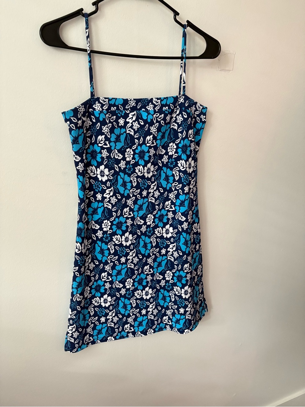 Y2K Coconut Girl Mini Dress Size Large Blue Hibiscus Hawaiian Tropical Print